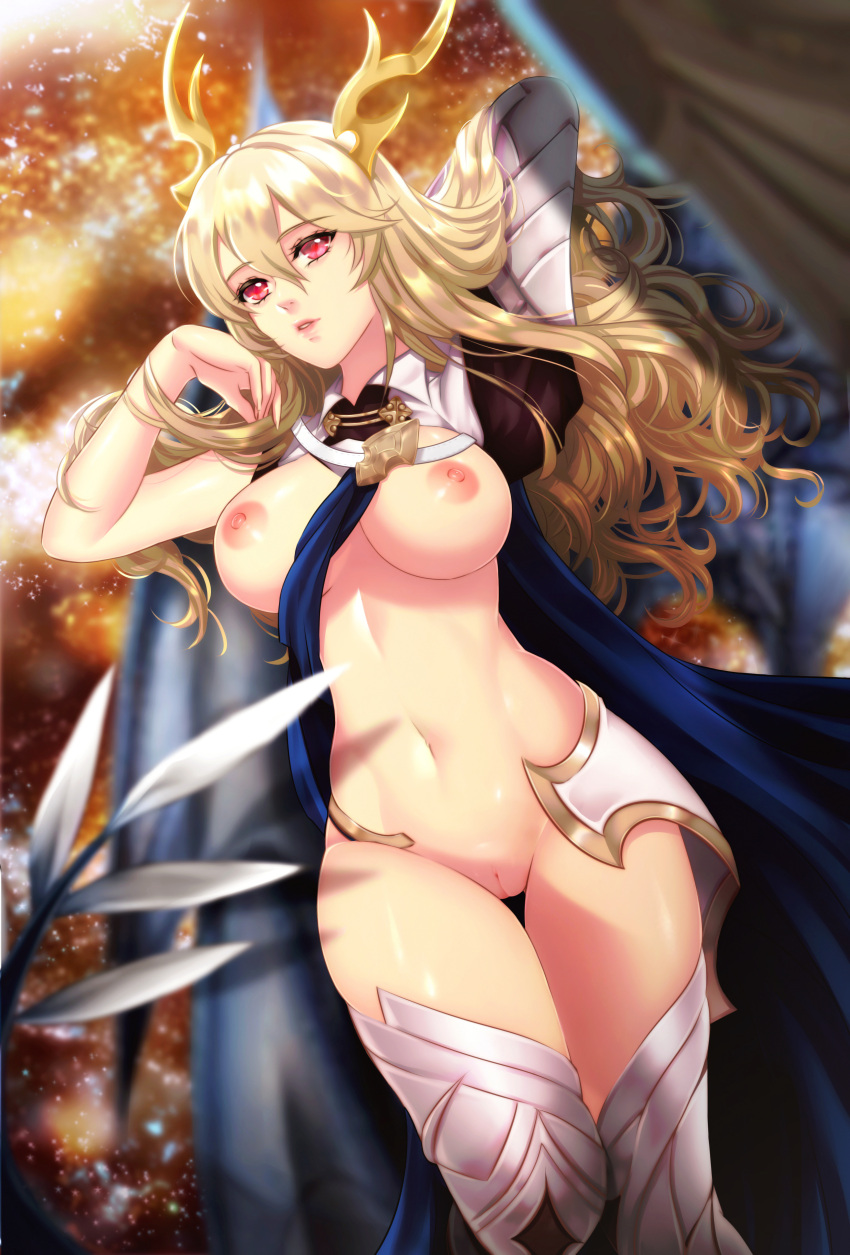 1girls adjusting_hair bare_thighs blonde_hair breasts cape corrin_(fire_emblem) corrin_(fire_emblem)_(female) esther-shen female female_only fire_emblem fire_emblem_fates large_breasts lips long_hair midriff naked_cape nintendo nipples nude nude_female pussy red_eyes royalty solo tail