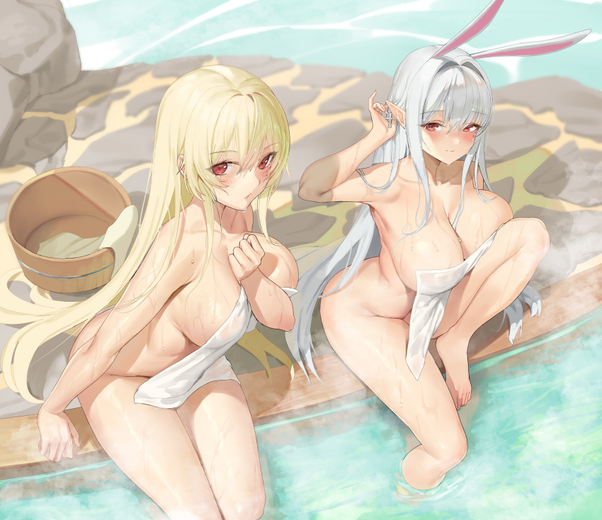 2girls absurd_res breasts female female_only hi_res large_breasts looking_at_viewer naked_towel nude nude_female original thighs urrrt wide_hips