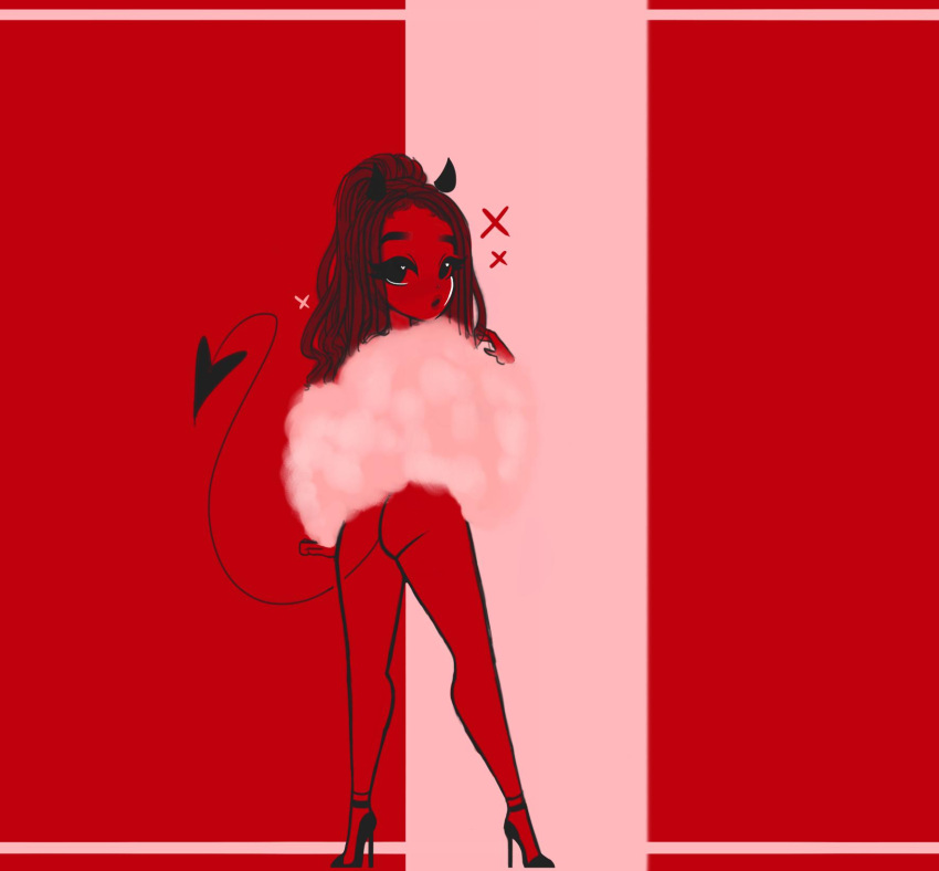 ass bare_ass bottomless demon demon_girl demon_horns demon_tail fluffy_coat furry_coat half_naked heels long_legs looking_at_viewer looking_back no_panties ohthesunnyside pantyless pink_background pink_coat red_background red_skin succubus sunny_(ohthesunnyside)