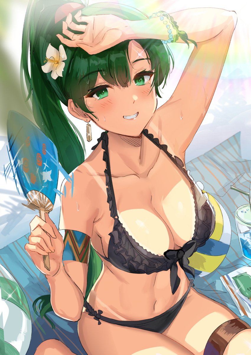 1girls absurdres alternate_costume ball bare_shoulders beachball bikini black_bikini black_swimsuit blush breasts cleavage collarbone commentary_request earrings eyebrows_visible_through_hair female female_only fire_emblem fire_emblem:_the_blazing_blade flower green_eyes green_hair groin hair_between_eyes hair_flower hair_ornament hand_fan highres holding jewelry large_breasts long_hair looking_at_viewer lyn_(fire_emblem) navel nintendo ormille paper_fan parted_lips ponytail shading_eyes shiny shiny_hair shiny_skin smile solo sunlight sweat sweatdrop swimsuit tan tanlines teeth thigh_strap very_long_hair