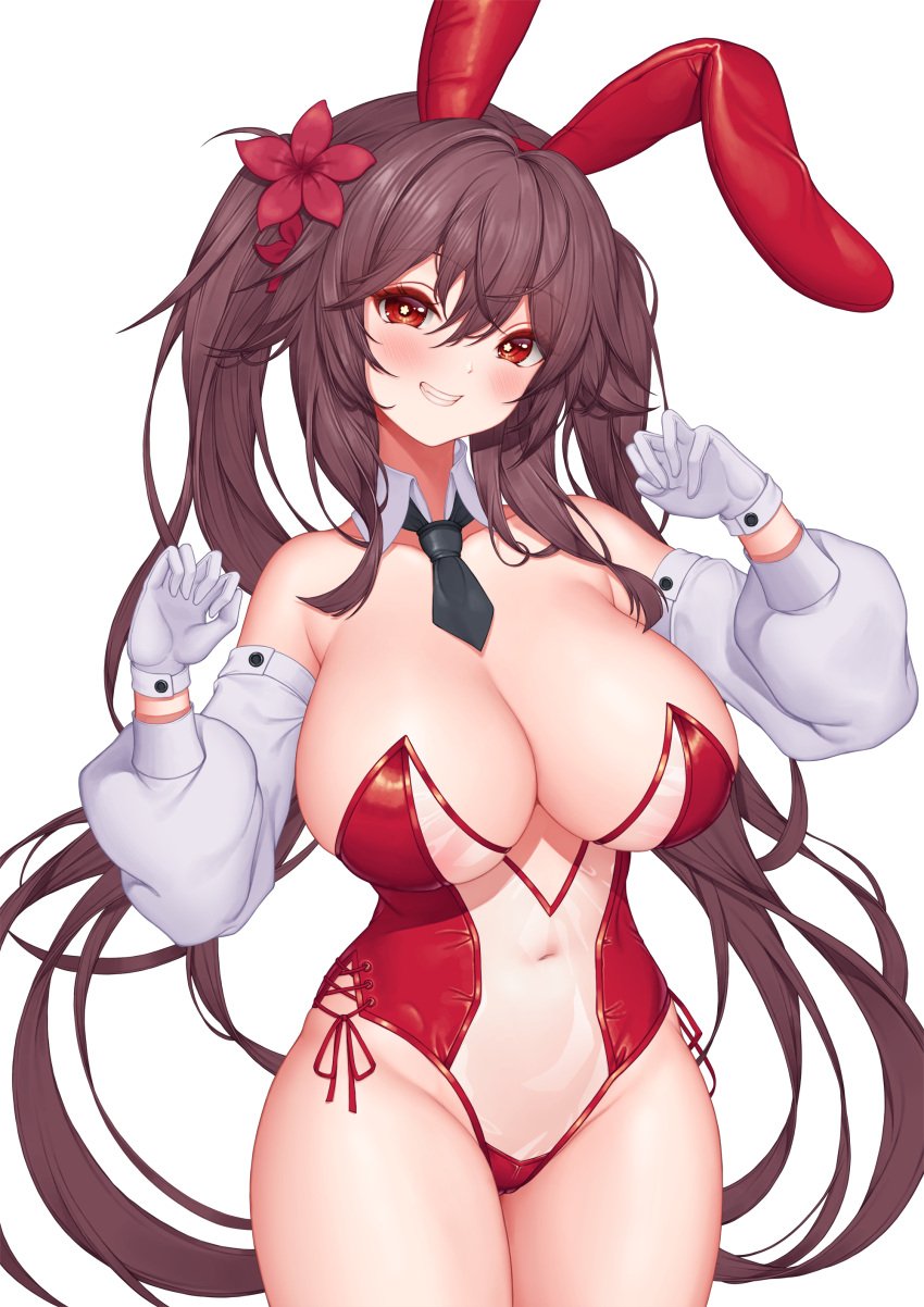 1girls 2022 alternate_breast_size breasts brown_eyes brown_hair bunny_ears bunny_girl bunnysuit female female_only genshin_impact grin highleg_leotard hips hu_tao_(genshin_impact) huge_breasts leotard light-skinned_female light_skin long_hair looking_at_viewer pinkcap red_leotard see-through_clothing slim_waist thick_thighs thighs transparent_bunnysuit twintails unusual_pupils wide_hips