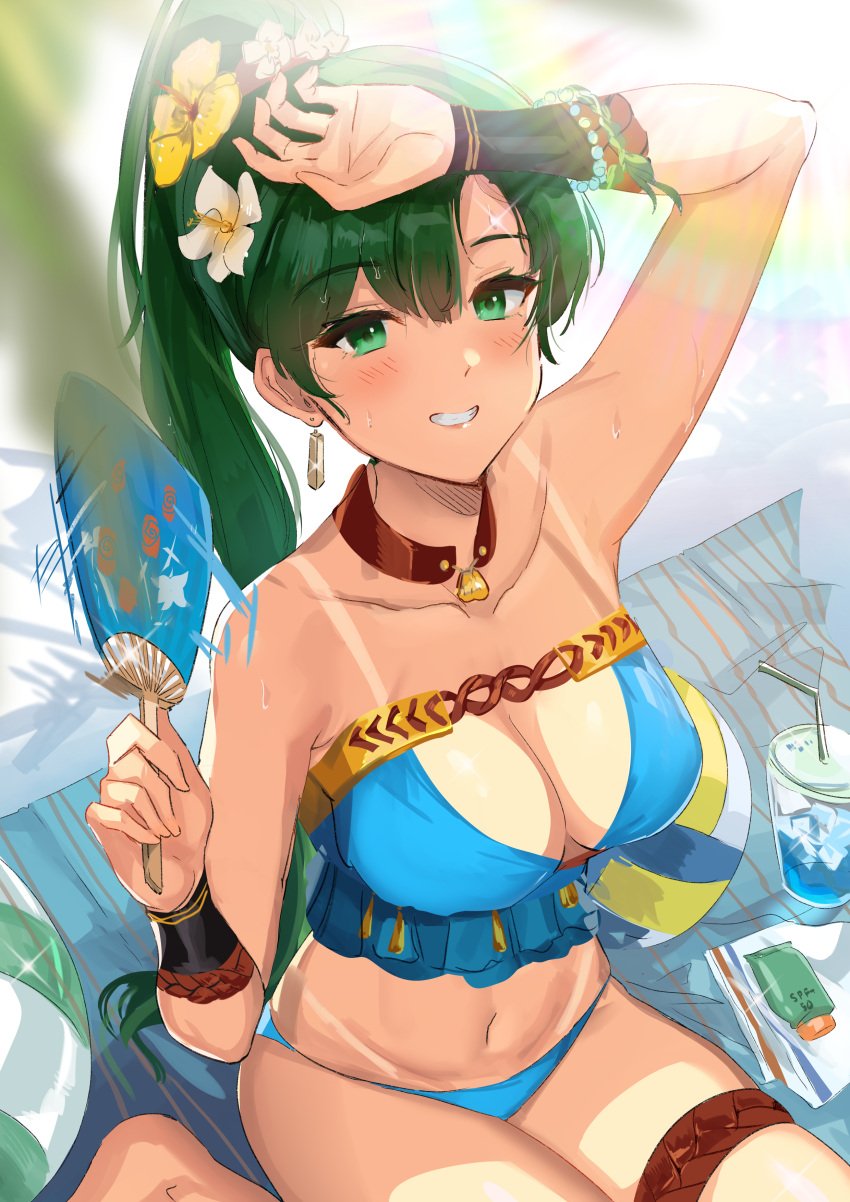 1girls absurdres arm_up ball bangs bare_shoulders beachball bikini blue_bikini blue_swimsuit blush breasts cleavage collarbone commentary_request cup day drinking_glass drinking_straw earrings eyebrows_visible_through_hair female female_only fire_emblem fire_emblem:_the_blazing_blade fire_emblem_heroes flower green_eyes green_hair groin hair_between_eyes hair_flower hair_ornament hand_fan highres holding jewelry large_breasts lips long_hair looking_at_viewer lyn_(fire_emblem) lyn_(summer)_(fire_emblem) navel nintendo official_alternate_costume ormille outdoors paper_fan parted_lips ponytail shading_eyes sitting smile solo stomach strapless strapless_bikini sunlight swimsuit tan tanlines teeth thigh_strap very_long_hair