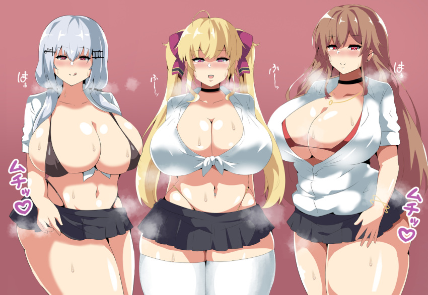 3girls :p ahoge alternate_breast_size antenna_hair armwear bangs blonde_female blonde_hair blush boob_window brown_hair choker cielr18 cleavage eyebrows_visible_through_hair female female_only furen_e_lustario grey_hair hakase_fuyuki heart horny huge_breasts japanese_text large_ass large_breasts licking_lips long_hair looking_at_viewer low_twintails math miniskirt multiple_girls navel navel_piercing necklace nijisanji open_mouth open_shirt red_eyes revealing_clothes ribbon shiny_hair shiny_skin simple_background steam steaming_body steamy_breath sweat sweatdrop takamiya_rion thick_thighs thighhighs thong twintails underwear virtual_youtuber wide_hips zettai_ryouiki