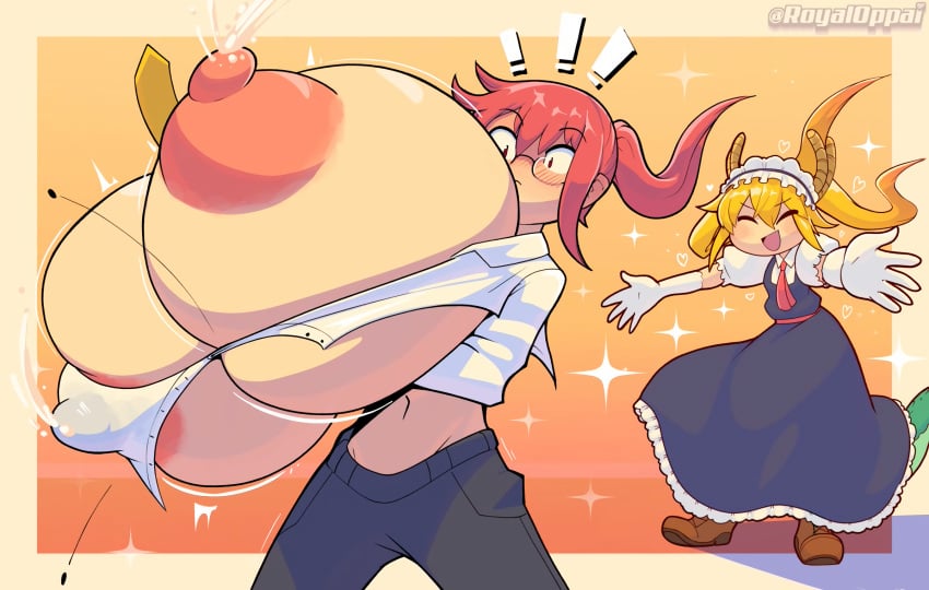 alternate_breast_size big_breasts blush breast_expansion breasts_bigger_than_head enormous_breasts gigantic_breasts huge_breasts hyper hyper_breasts kobayashi lactation long_hair massive_breasts milk miss_kobayashi's_dragon_maid multiple_girls popping_buttons royaloppai size_theft size_transfer tagme tohru_(dragon_maid)