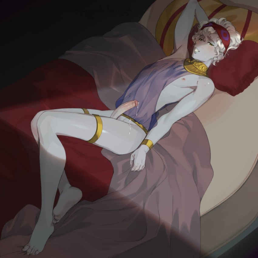 1boy bishonen erection european_mythology femboy greek_mythology hades_(game) hypnos hypnos_(hades) jewelry lavender_incubus laying_down laying_on_bed magical_ondine male_focus male_only mythology partially_clothed penis pinup_pose seductive sleep_mask smile solo source_request supergiant_games year_request