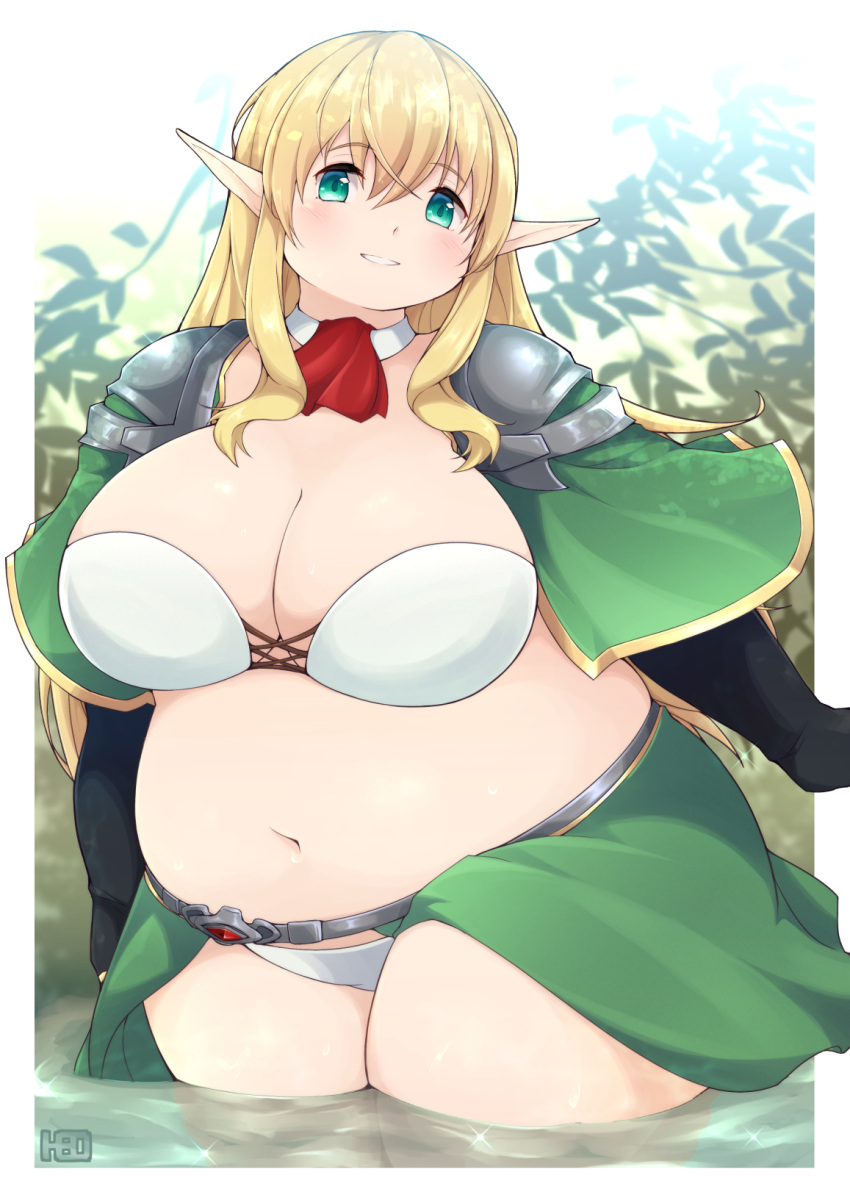 aqua_eyes armor artist_name bangs bbw black_gloves blonde_hair blurry blurry_background blush border bra breasts character_request chubby chubby_female cleavage commentary_request commission cowboy_shot crossed_bangs curvy detached_collar eyebrows_visible_through_hair fat female gloves hair_between_eyes heo_(tkgm) highres huge_breasts leaf long_hair looking_at_viewer navel open_mouth original outside_border overweight panties partially_submerged pixiv_request pointy_ears shoulder_armor sidelocks solo tareme thick_thighs thighs underwear waist_cape water white_border white_bra white_panties