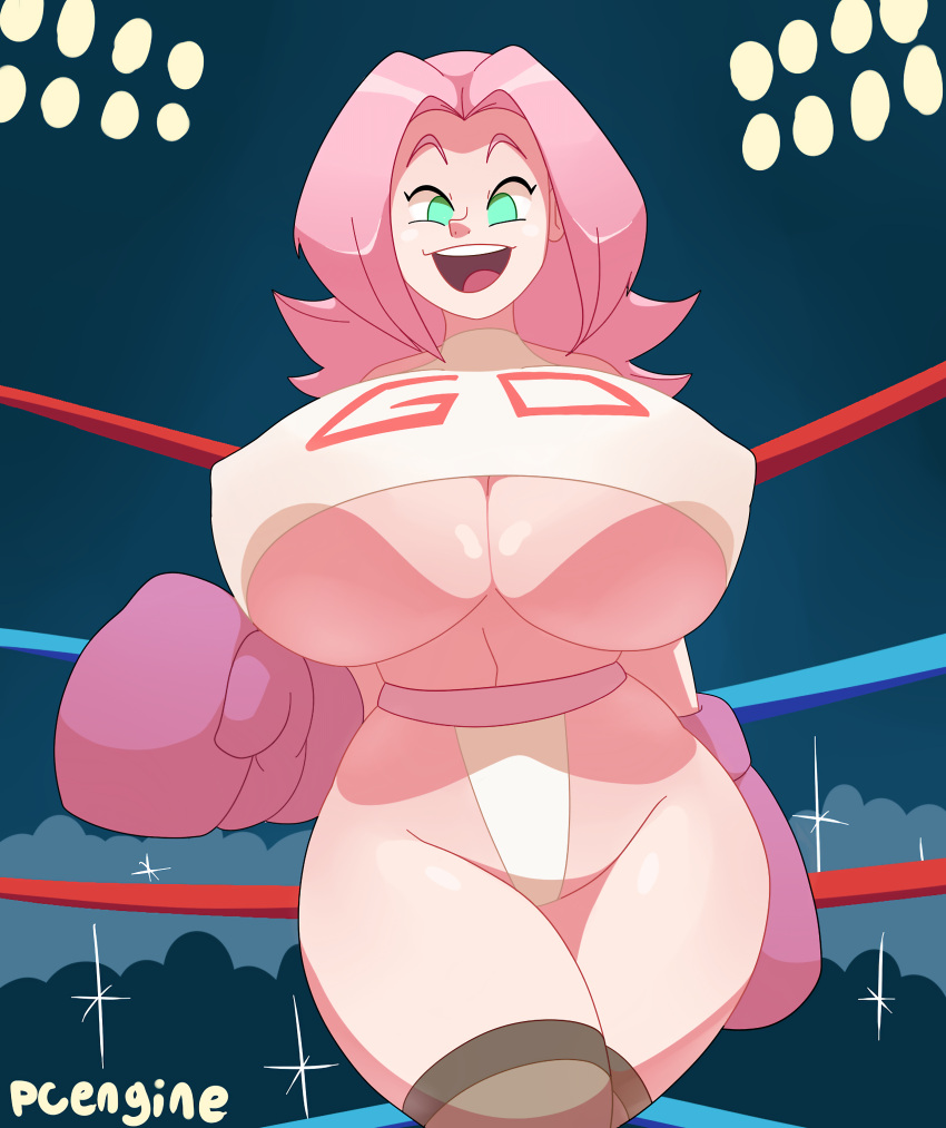 1girls arena big_breasts boxing boxing_gloves boxing_ring breasts_bigger_than_head enormous_breasts female female_only front_view gloves green_eyes huge_breasts large_breasts light-skinned_female light_skin long_hair massive_breasts nashiko_(netto-painter) open_mouth original original_character pcengine pink_boxing_gloves pink_gloves pink_hair solo stockings tagme thick thick_hips thick_thighs thighhighs underboob wide_hips