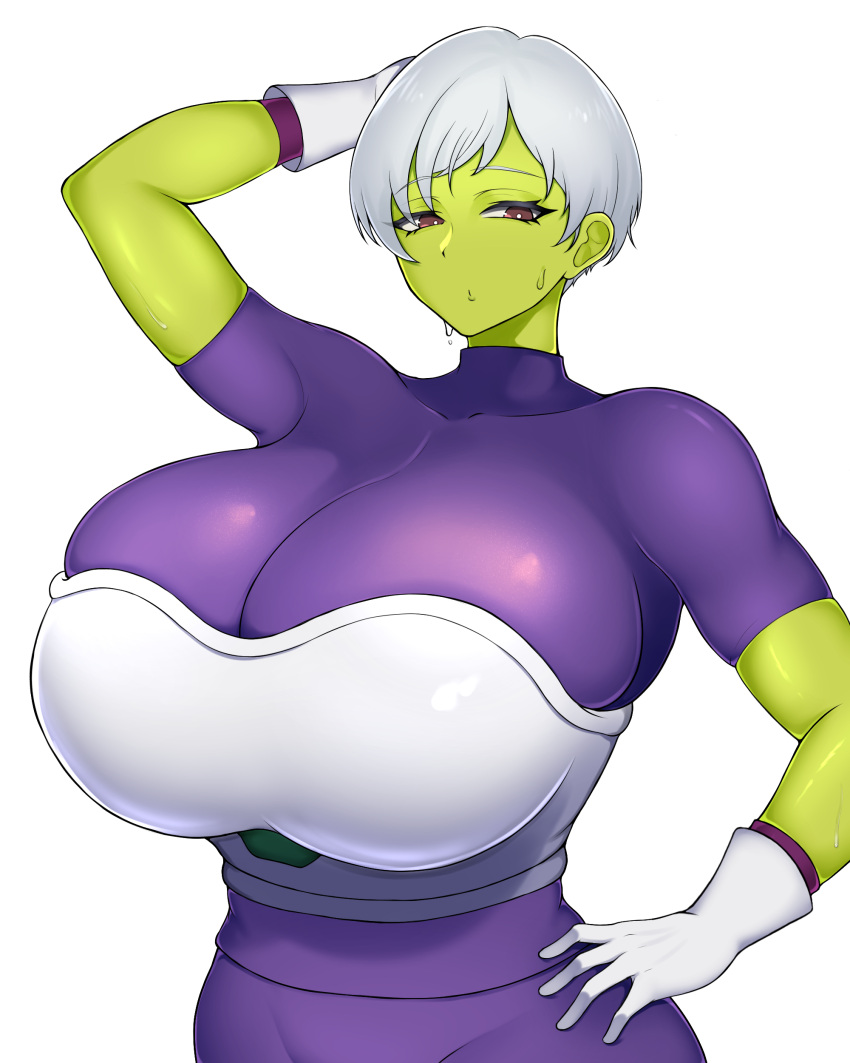 1girls armor big_breasts breasts cheelai dragon_ball dragon_ball_super female female_only green-skinned_female green_skin huge_breasts humanoid large_breasts looking_at_viewer purple_eyes purple_latex short_hair solo solo_female sweatdrop tokitamago top_heavy very_short_hair white_background white_gloves white_hair