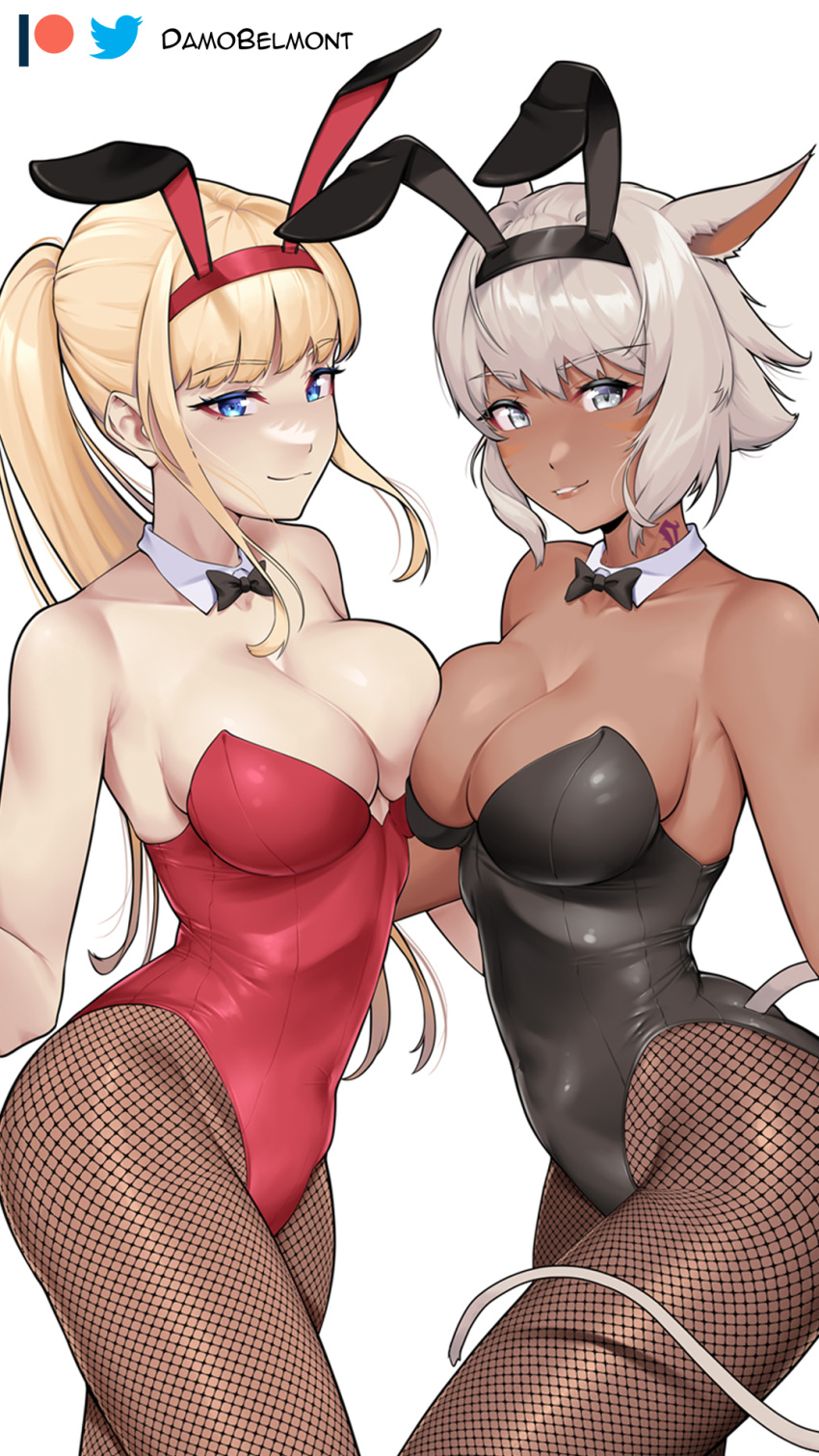 2girls big_breasts blonde_hair blue_eyes bowtie_collar bunny_girl bunnysuit cat_ears chocolate_and_vanilla damodar dark-skinned_female female female/female final_fantasy final_fantasy_xiv grey_eyes grey_hair hyur light-skinned_female lyse_hext miqo'te multiple_girls pale-skinned_female playboy_bunny square_enix tanned_female tattoo y'shtola