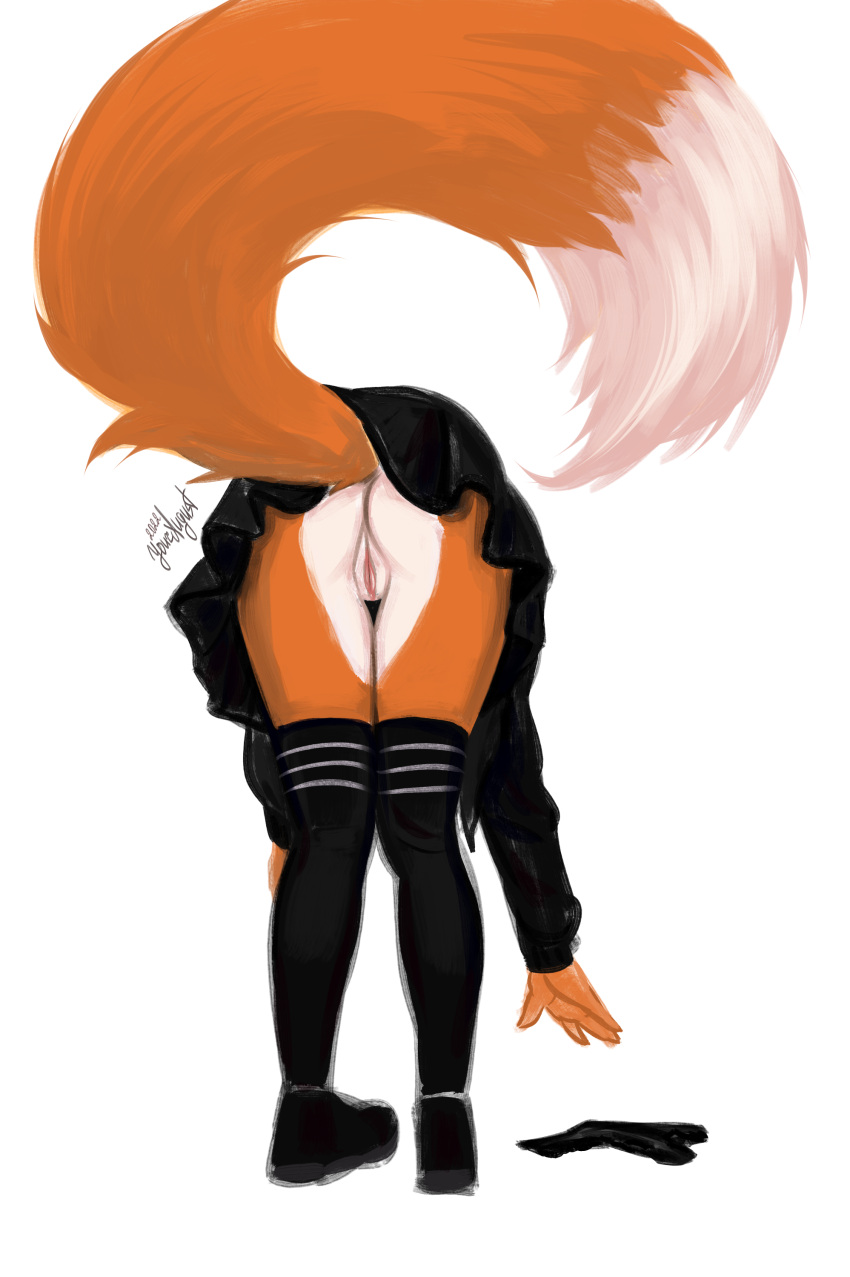 absurd_res anthro ass backpussy bent_over bottomwear canid canine clothed clothing costume female fox genitals hi_res legwear mammal panties pussy raised_bottomwear raised_clothing raised_skirt skirt solo solo_focus stockings underwear youraugust