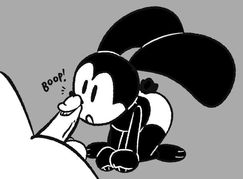 2022 anthro black_and_white black_body clothed clothing digital_drawing_(artwork) digital_media_(artwork) disney duo faceless_character faceless_male fur genitals lagomorph leporid male male/male mammal monochrome open_mouth oswald_(character) oswald_the_lucky_rabbit penis qoolguyart rabbit simple_background toony