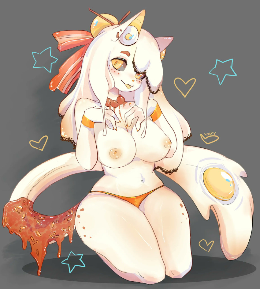 bacon choker cute egg egg_girl_meme food food_creature food_humanoid grey_background holding_breasts humanoid kneeling looking_at_viewer panties tail white_body white_skin