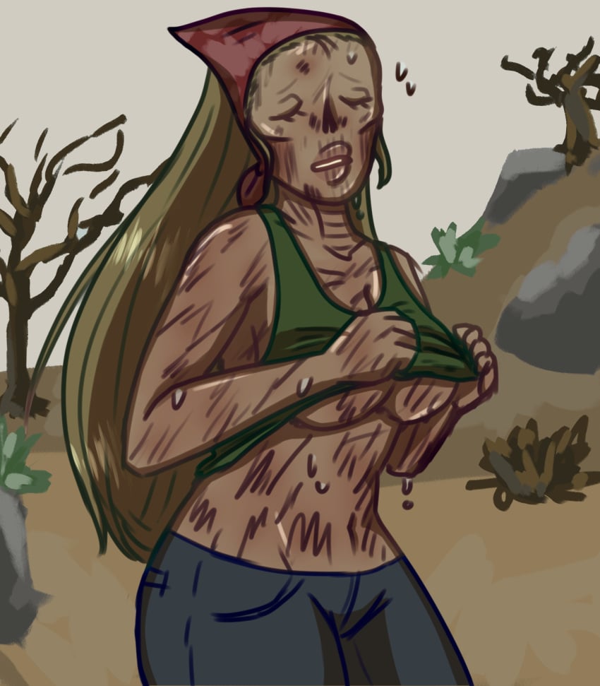 bandana blonde_hair desert fallout falloutoc female ghoul ghoul_(fallout) jeans nightmare_waifu no_bra original_art original_artwork original_character original_characters sideboob sweat sweatdrop sweating tanktop thick_thighs tired tired_out too_hot underboob