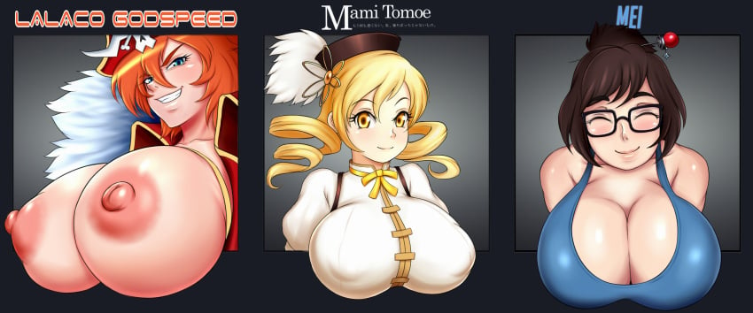 3girls big_breasts blue_eyes breasts brown_hair eyewear glasses hairpin huge_breasts lalaco_godspeed looking_at_viewer mahou_shoujo_madoka_magica mami_tomoe mei_(overwatch) mkonstantinov multiple_girls nipples nipples_visible_through_clothing orange_hair overwatch pirate puella_magi_madoka_magica shirt space_patrol_luluco tomoe_mami yellow_eyes yellow_hair