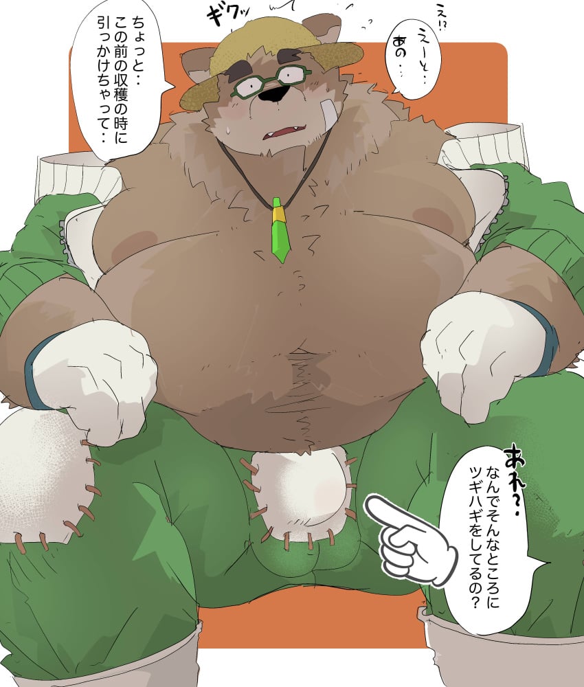 2022 absurd_res anthro balls_outline belly big_belly blush brown_body clothing dumdum eyewear genital_outline glasses hat headgear headwear hi_res humanoid_hands japanese_text kemono lifewonders male mammal moobs nipples overweight overweight_male sitting solo text tokyo_afterschool_summoners ursid video_games volos