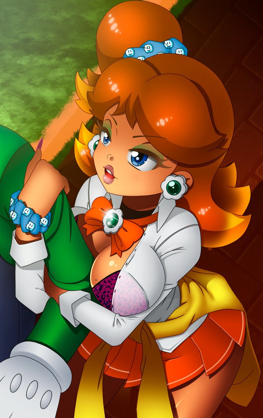 blue_eyes brown_hair chacrawarrior female_focus flower_earrings gyaru holding_arm leopard_print long_fingernails looking_at_partner luigi mario_(series) miniskirt nail_polish nintendo orange_skirt princess_daisy school_uniform side_ponytail white_shirt