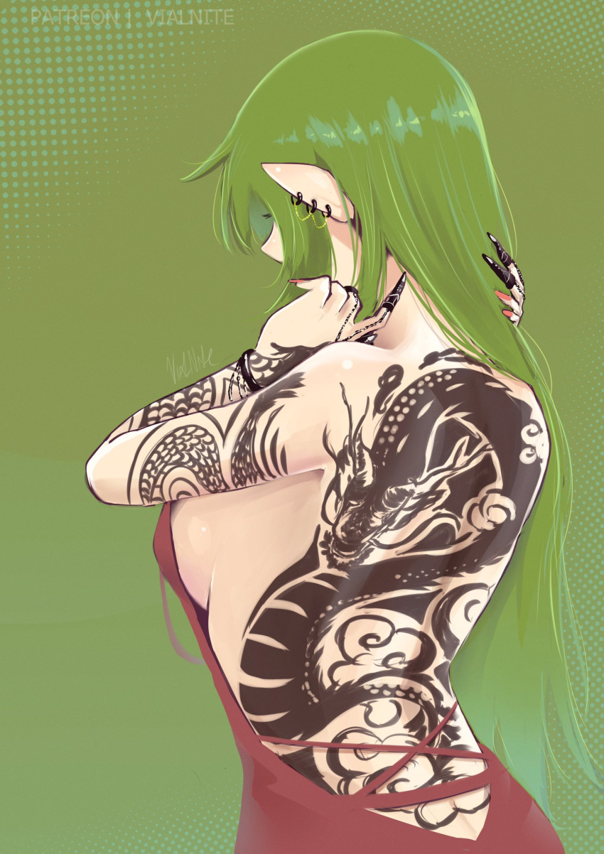 1girls alternate_costume alternate_hairstyle back back_tattoo bare_back bare_shoulders breasts commentary dragon_tattoo dress ear_piercing english_commentary eyelashes female female female_only fire_emblem fire_emblem_awakening from_behind green_background green_hair highres large_breasts long_hair nintendo piercing pointy_ears red_dress red_nails sideboob signature simple_background solo tattoo tiki_(adult)_(fire_emblem) tiki_(fire_emblem) vialnite