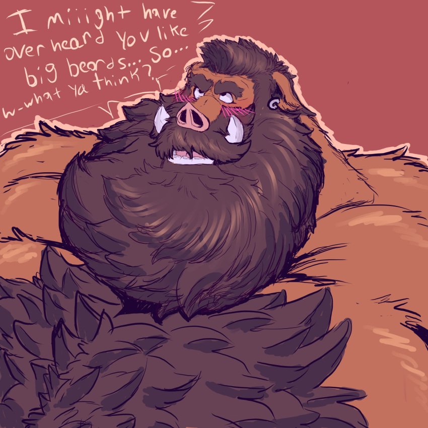 1:1 2024 anthro beard big_beard big_muscles black_eyes blush blush_lines body_hair brown_background brown_beard brown_body brown_chest brown_eyebrows brown_facial_hair brown_hair brown_mustache chest_hair chest_tuft digital_media_(artwork) ear_piercing english_text eyebrows facial_hair fan_character hair headshot_portrait hi_res jun_(bigboarjun) long_beard looking_up male mammal moustache muscular nude open_mouth piercing pink_blush pink_nose pokenerd8 portrait question question_mark sharp_teeth simple_background solo suid suina sus_(pig) teeth text thick_eyebrows tongue tuft white_text wild_boar