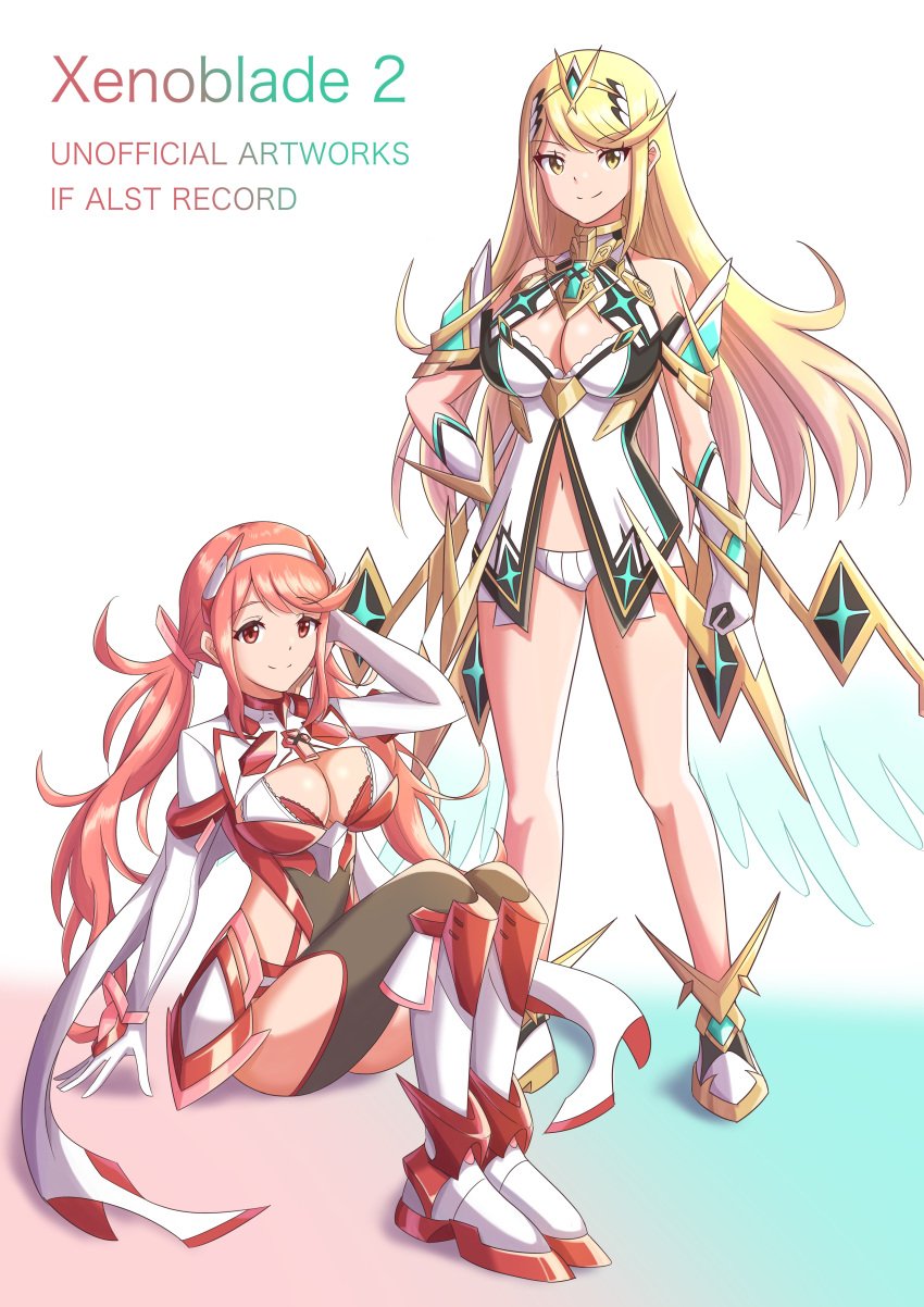 2girls absurd_res alluring bare_legs big_breasts blonde_hair breasts chest_jewel cleavage_cutout clothing_cutout core_crystal dress earrings headpiece high_res jewelry long_hair multiple_girls mythra_(prototype)_(xenoblade) mythra_(xenoblade) nintendo prototype_design pyra_(prototype)_(xenoblade) pyra_(xenoblade) ryochan96154 short_dress swept_bangs tiara very_long_hair waist_cutout xenoblade_(series) xenoblade_chronicles_2 yellow_eyes