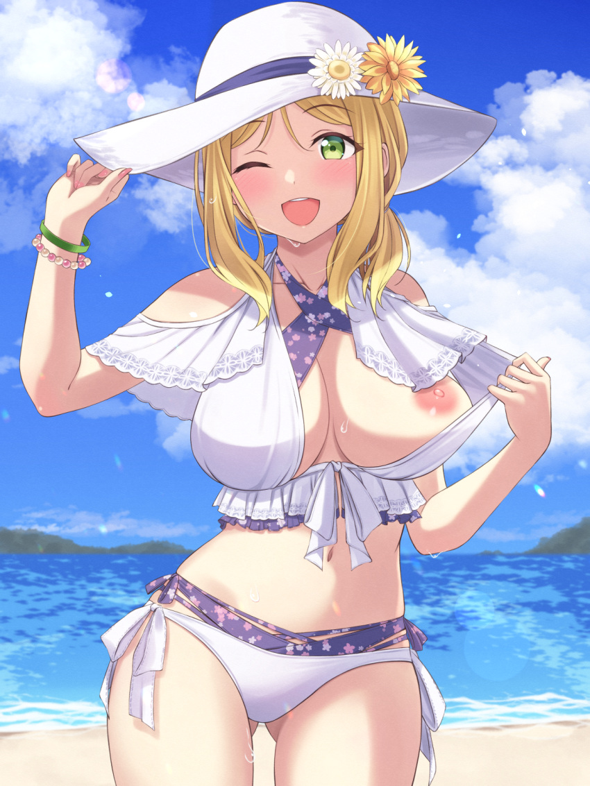 1girls ass_visible_through_thighs beach bikini bikini_pull blonde_hair flashing_breasts green_eyes hat large_breasts love_live! love_live!_sunshine!! mobukichi navel nipples ocean ohara_mari one_breast_out one_eye_closed smile solo white_hat