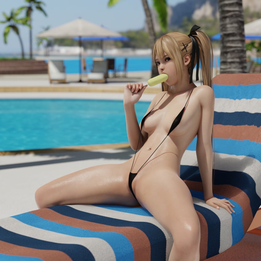 1girls 3d avstral bikini blender blonde_hair blue_eyes breasts clothed clothing dead_or_alive dead_or_alive_xtreme_beach_volleyball female female_only hair_ribbon ice_cream long_hair looking_at_viewer lounge_chair marie_rose micro_bikini outdoors outside petite pool poolside popsicle seductive sexually_suggestive sling_bikini small_breasts solo spread_legs string_bikini sucking_on_popsicle twintails