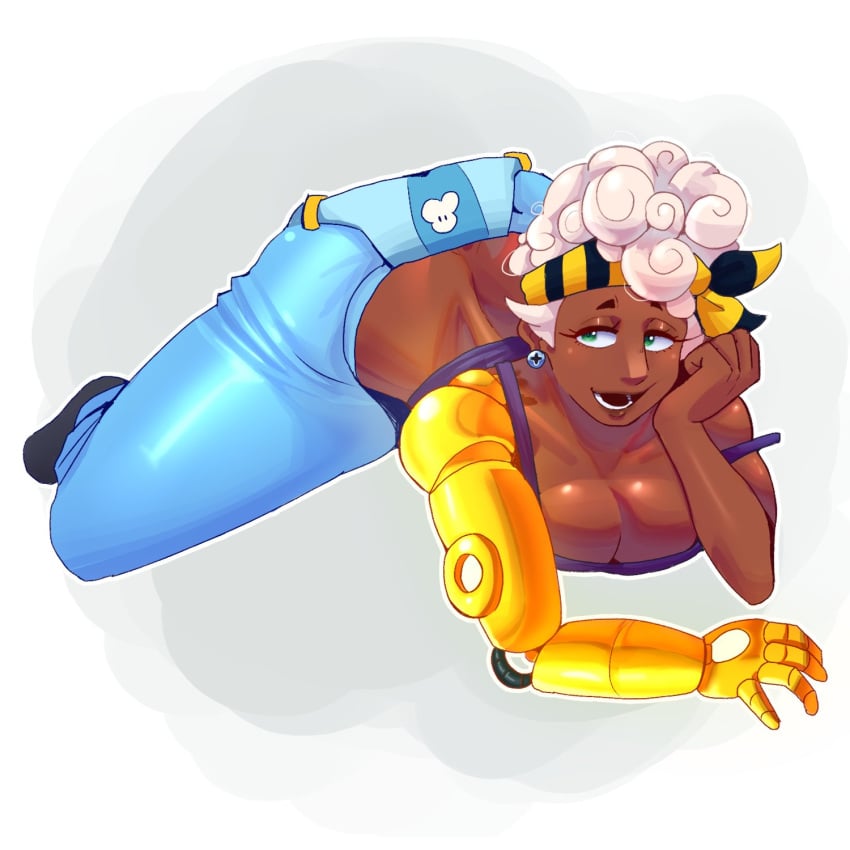 1girls ____ ass back big_breasts brawl_stars breasts clothing dark-skinned_female deven_tolo female female_only green_eyes laying maisie_(brawl_stars) pose prosthesis solo thick_thighs thighs white_hair