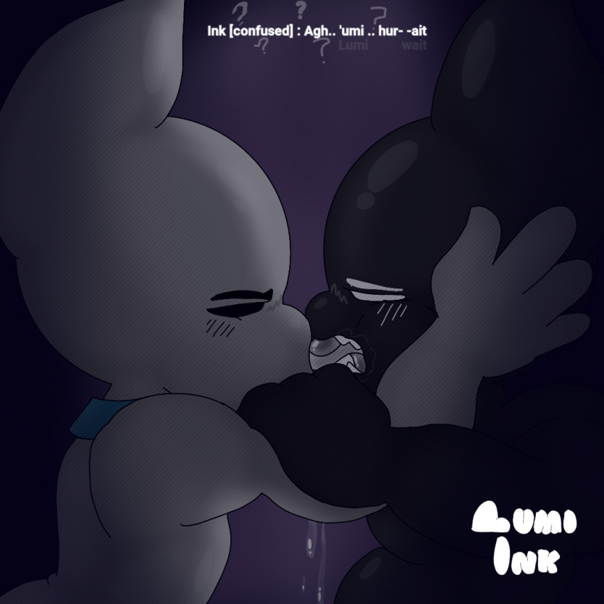 bodily_fluids collar confusion dripping french_kissing furry hand_on_head ink_(lumiink) kissing long_tongue lumi_(lumiink) lumiink male male/male saliva saliva_drip subtitled tongue toony woken_up