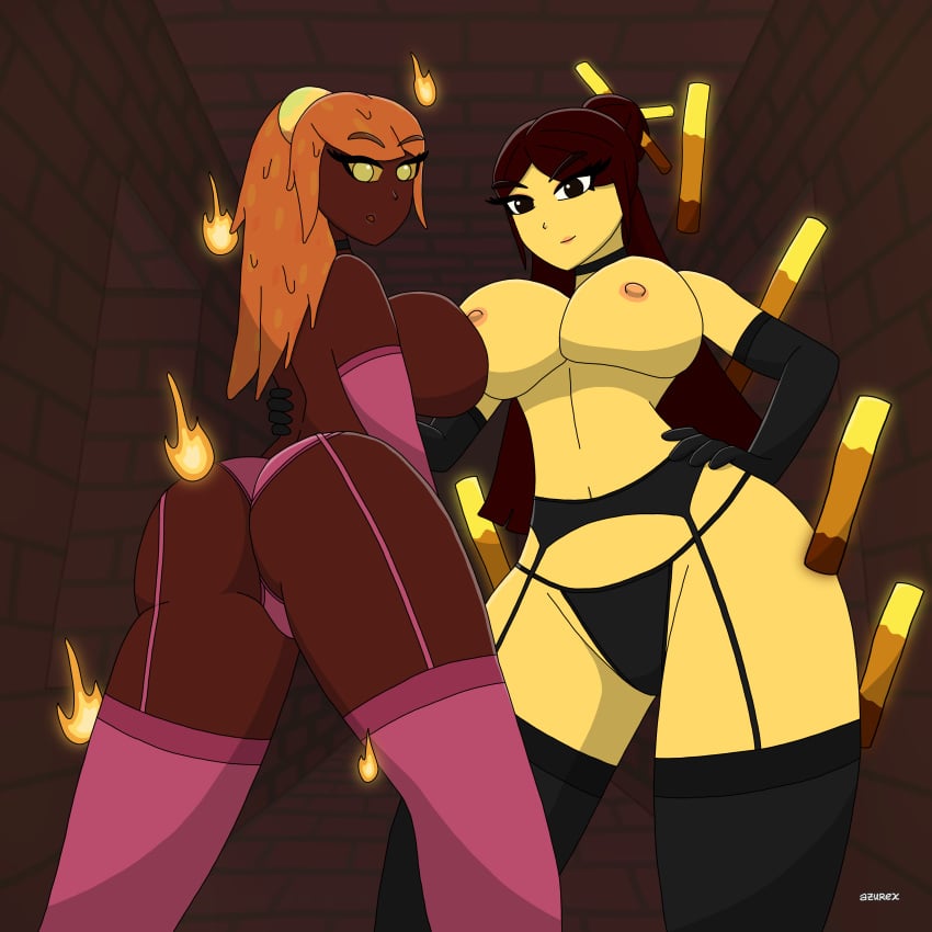 2girls azurexarts bedroom_eyes bikini blaze blaze_(minecraft) brown_eyes brown_hair female female_only gloves lingerie magma_cube minecraft multiple_girls nether nude orange_eyes orange_hair panties red_body stockings tagme thick_thighs thighhighs yellow_body