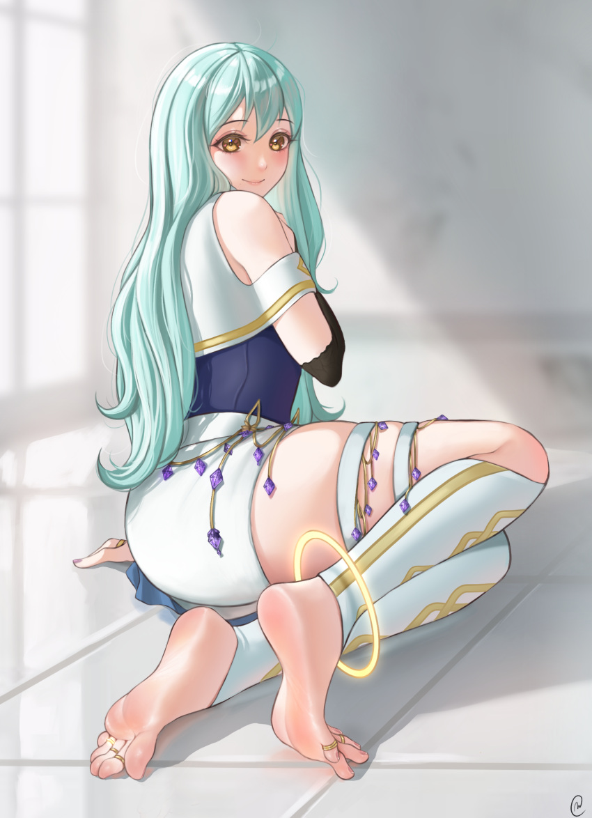 barefoot feet female greek_toe green_hair highres light_blush long_hair looking_at_viewer nikishiko original smile soles toes yellow_eyes