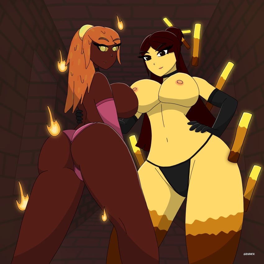 2girls azurexarts bedroom_eyes bikini blaze blaze_(minecraft) brown_eyes brown_hair female female_only gloves lingerie magma_cube minecraft multiple_girls nether nude orange_eyes orange_hair panties red_body stockings tagme thick_thighs yellow_body