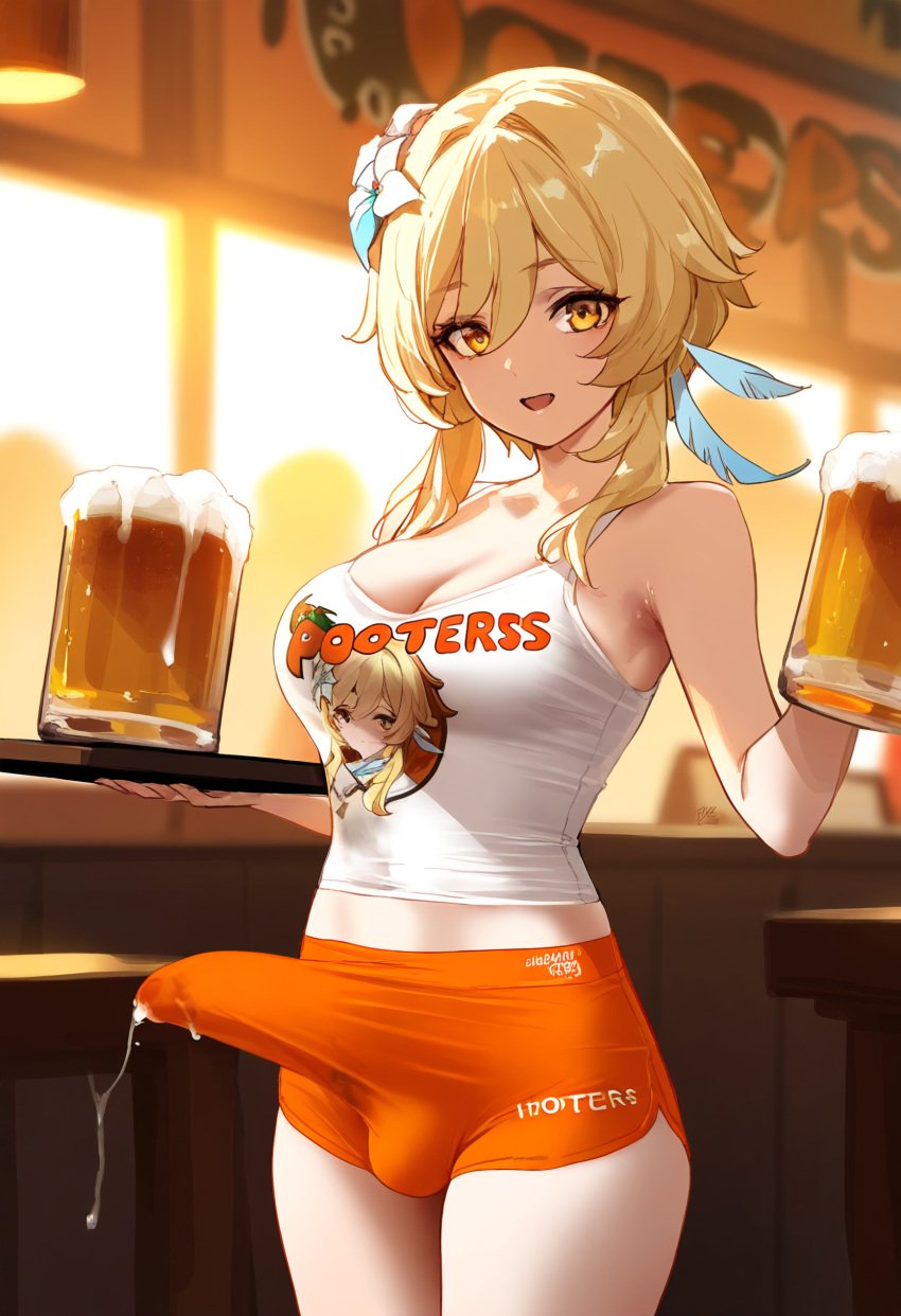 1futa ai_generated alcohol ball_bulge balls balls_under_clothes beer beer_mug blonde_hair breasts bulge bulge_through_clothing casual casual_boner casual_ejaculation casual_erection clothed crop_top cum cum_drip cum_on_clothes cum_on_penis cum_through_clothes cumdrip cumshot dickgirl doseogwan ejaculation ejaculation_under_clothes employee_uniform erect_penis erection erection_under_clothes futa_only futanari genshin_impact hair_flower hands-free handsfree_ejaculation holding_beer holding_object hooters hooters_uniform indoors long_penis looking_at_viewer lumine_(genshin_impact) open_mouth orange_shorts orgasm_without_stimulation penis penis_bulge penis_under_clothes short_hair short_shorts shorts smile solo solo_futa spontaneous_ejaculation spontaneous_orgasm standing sweat tank_top tenting thighs visible_penis_shape waitress white_tank_top wide_hips yellow_eyes