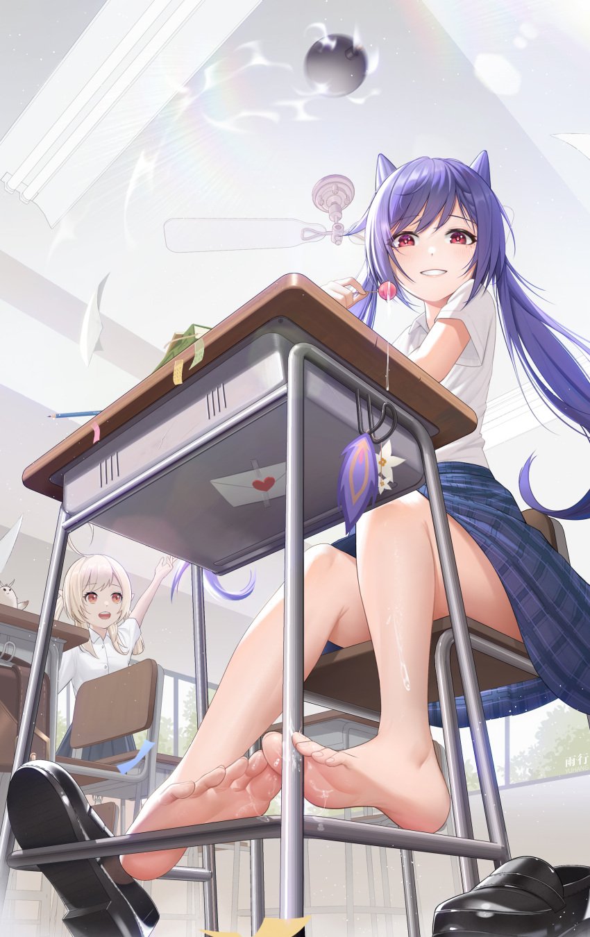 bare_legs barefoot blush drool eyebrows_visible_through_hair feet foot_fetish foot_focus genshin_impact hoyoverse keqing_(genshin_impact) klee_(genshin_impact) legs light_skin lollipop looking_at_viewer looking_down looking_down_at_viewer purple_hair red_eyes saliva saliva_trail school_uniform shoes_removed sitting skirt smile smirk soles toes twintails viewed_from_below white_shirt yuhang