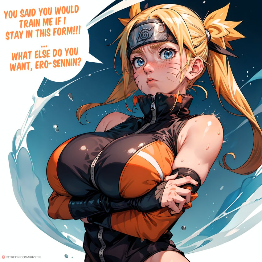 ai_generated big_breasts blonde_hair blue_eyes blue_hair breasts crossed_arms genderswap_(mtf) huge_breasts jacket mad naruko naruto naruto_(classic) naruto_(series) pout rule_63 skizzen suggestive text tugging twintails uzumaki_naruto whisker_markings