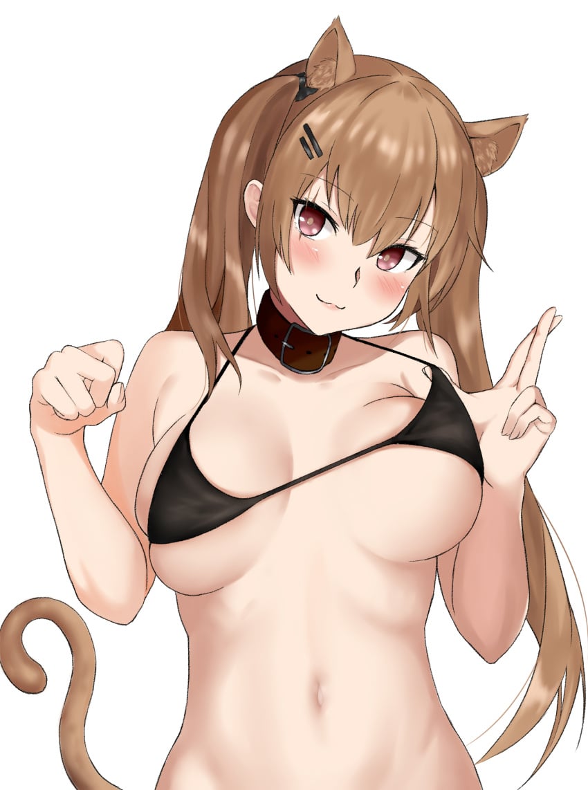 :3 absurdres animal_ears bangs bikini bikini_top bikini_top_only black_bikini blush breasts brown_hair buckle cat_ears cat_girl cat_tail closed_mouth collar collarbone commentary_request eyebrows_visible_through_hair female girls'_frontline hair_ornament hair_over_shoulder hairclip hako_reeema head_tilt highres kemonomimi_mode large_breasts lifted_by_self long_hair looking_at_viewer navel paw_pose red_eyes scar scar_across_eye scar_on_face simple_background skindentation smile solo stomach strap_lift string_bikini swimsuit swimsuit_top tail twintails ump9_(girls'_frontline) unaligned_breasts underboob upper_body white_background