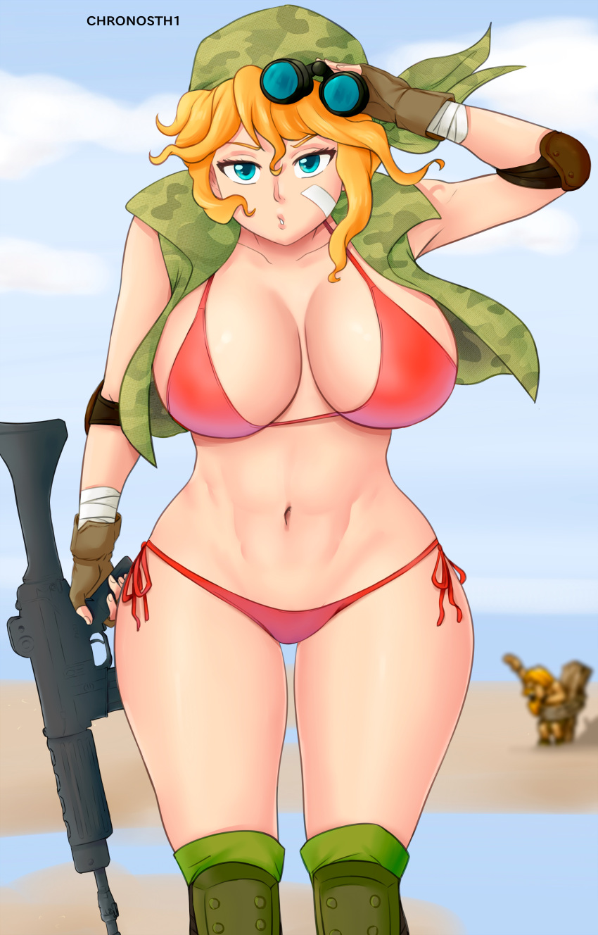 bikini breasts deviantart eri_kasamoto fanbox_reward gummslime gumroad gun looking_at_viewer metal metal_slug patreon snk tagme