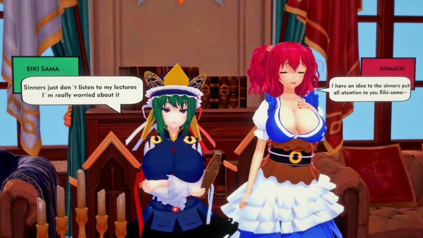 2girls 3d blue_dress closed_eyes commentary eiki_shiki english_commentary english_text frilled_hat green_hair indoors koikatsu komachi_onozuka large_breasts multiple_girls nipples obi onozuka_komachi purple_eyes raidercwar red_hair rod_of_remorse sash shiki_eiki short_hair speech_bubble touhou