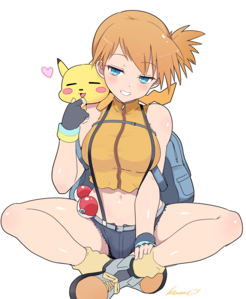 ;d ^_^ asymmetrical_hair bare_arms blue_eyes blue_shorts blush blush_stickers border breasts closed_eyes creatures_(company) crop_top denim denim_shorts female fingerless_gloves game_freak gen_1_pokemon gloves gym_leader hair_tie heart highres holding holding_poke_ball holding_pokemon huge_breasts kasai_shin kasumi_(pokemon) large_breasts midriff navel nintendo one_eye_closed open_mouth orange_hair pikachu poke_ball poke_ball_(basic) pokemon pokemon:_the_electric_tale_of_pikachu pokemon_(anime) pokemon_(classic_anime) pokemon_(species) ponytail shirt short_shorts shorts side_ponytail sleeveless sleeveless_shirt smile suspender_shorts suspenders yellow_shirt |_| ||_||