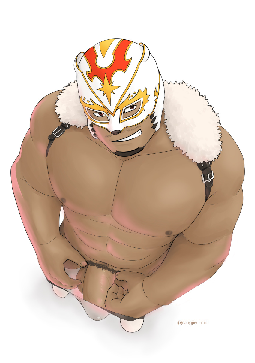 1boy bara bear_mask brown_eyes bulge dark-skinned_male dark_skin erection erection_under_clothes facial_hair foreshortening from_above full_body fur_trim goatee highres large_pectorals live_a_hero looking_at_viewer male_focus male_pubic_hair male_underwear male_underwear_pull mask mature_male muscular muscular_male pectorals penis penis_peek polaris_mask_(live_a_hero) pubic_hair rongjie smile solo solo_male standing uncensored underwear undressing wrestling_outfit