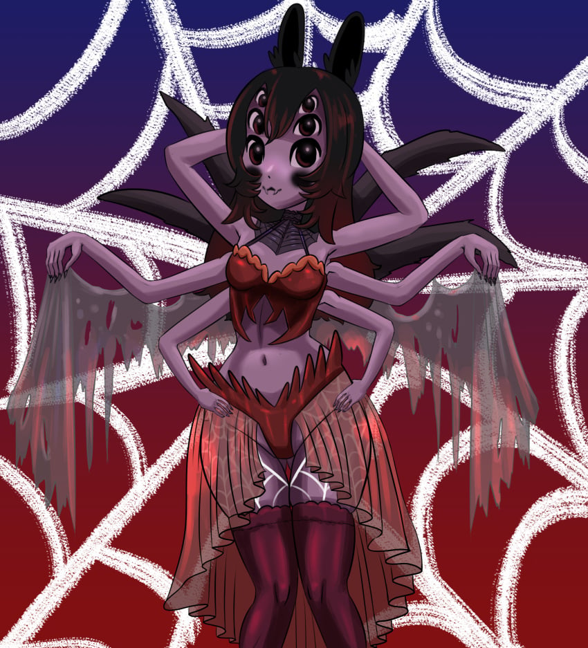 1girls 2023 6_arms 6_eyes black_hair bottomwear bunny bunny_ears bunny_girl clothed clothing dang_laddy dark_red_eyes fangs female female_focus female_only hybrid legwear looking_at_viewer multicolored_hair neckwear phase_connect phase_origins pipkin_pippa purple-skinned_female purple_skin rabbit rabbit_ears rabbit_girl red_clothing red_hair red_legwear solo spider spider_girl spider_web topwear_only virtual_youtuber vtuber weird