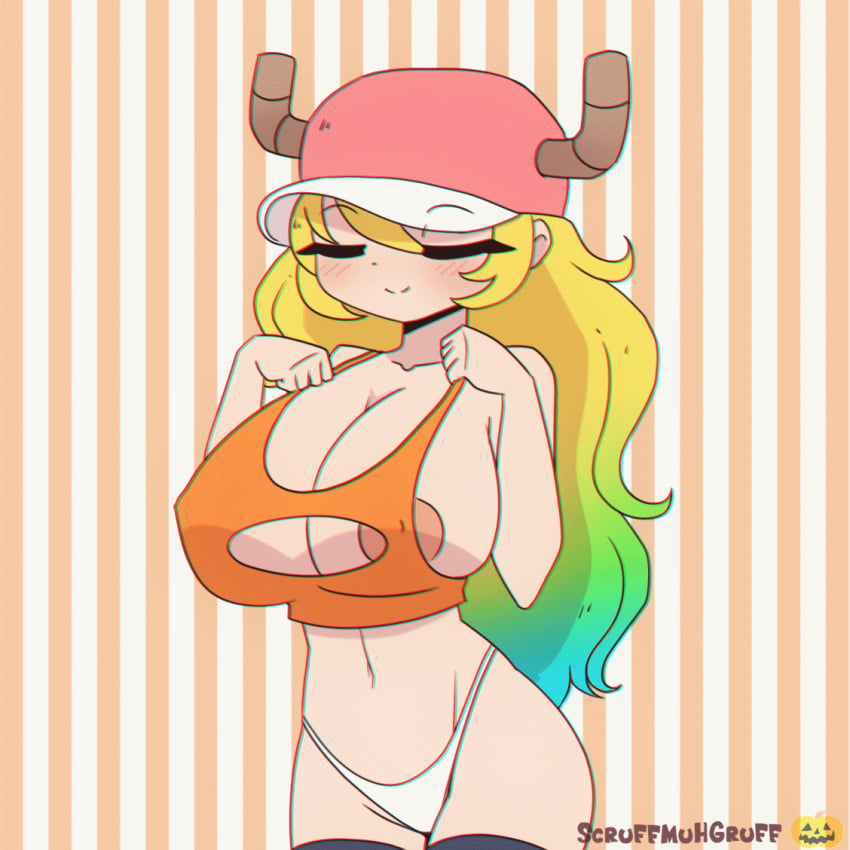 1girls 2d 2d_animation animated animated_gif areola_slip breasts cap cleavage cleavage_cutout cleavage_overflow closed_eyes color colored dragon_girl female female_focus female_only hat horns large_breasts lucoa miss_kobayashi's_dragon_maid monster_girl quetzalcoatl_(dragon_maid) scruffmuhgruff small_shirt smile thighhighs thong underwear yellow_hair