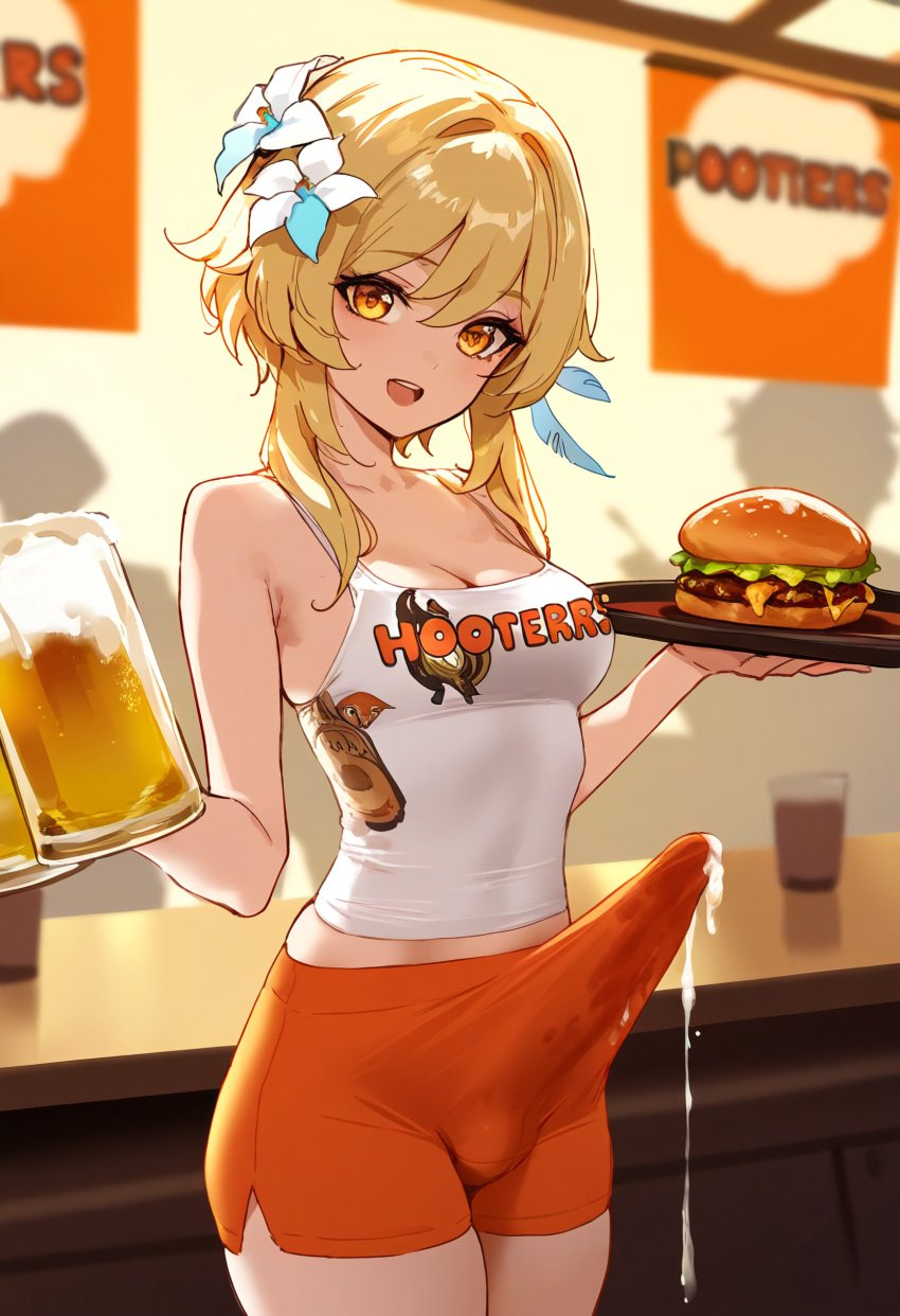 1futa ai_generated alcohol ball_bulge balls balls_under_clothes beer beer_mug blonde_hair breasts bulge bulge_through_clothing casual casual_boner casual_ejaculation casual_erection clothed crop_top cum cum_drip cum_on_clothes cum_on_penis cum_through_clothes cumdrip cumshot dickgirl doseogwan ejaculation ejaculation_under_clothes employee_uniform erect_penis erection erection_under_clothes futa_only futanari genshin_impact hair_flower hands-free handsfree_ejaculation holding_beer holding_object hooters hooters_uniform indoors long_penis looking_at_viewer lumine_(genshin_impact) open_mouth orange_shorts orgasm_without_stimulation penis penis_bulge penis_under_clothes short_hair short_shorts shorts smile solo solo_futa spontaneous_ejaculation spontaneous_orgasm standing tank_top tenting thighs visible_penis_shape waitress white_tank_top wide_hips yellow_eyes