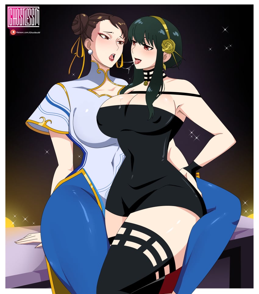 2girls accurate_art_style after_kiss artist_name ass ass_focus assassin bare_chest bare_shoulders bench between_legs black_hair blush bracelet brown_eyes brown_hair busty capcom center_opening china_dress chinese_clothes chun-li cleavage clothing commentary crossover curvaceous curvy curvy_body curvy_female curvy_figure dress earrings erect_nipples erect_nipples_under_clothes eyeshadow feet_out_of_frame female female/female female_human female_only flower flower_in_hair ghostlessm hair_bun hair_ornament hourglass_figure human jewelry kissing leggings lesbian lesbians light-skinned_female light_skin lipstick looking_at_another looking_at_each_other looking_at_partner makeup martial_artist mature mature_female mature_woman milf multiple_girls muscular muscular_legs muscular_thighs no_bra open_mouth paipan pale-skinned_female pale_skin patreon_username red_eyes revealing_clothes ribbons rose_(flower) saliva saliva_string saliva_trail shueisha sitting_on_bench spy_x_family street_fighter street_fighter_6 thick_thighs thighhighs thighs thorn_princess twin_buns url voluptuous voluptuous_female watermark web_address wide_hips wristband yor_briar yor_forger yuri