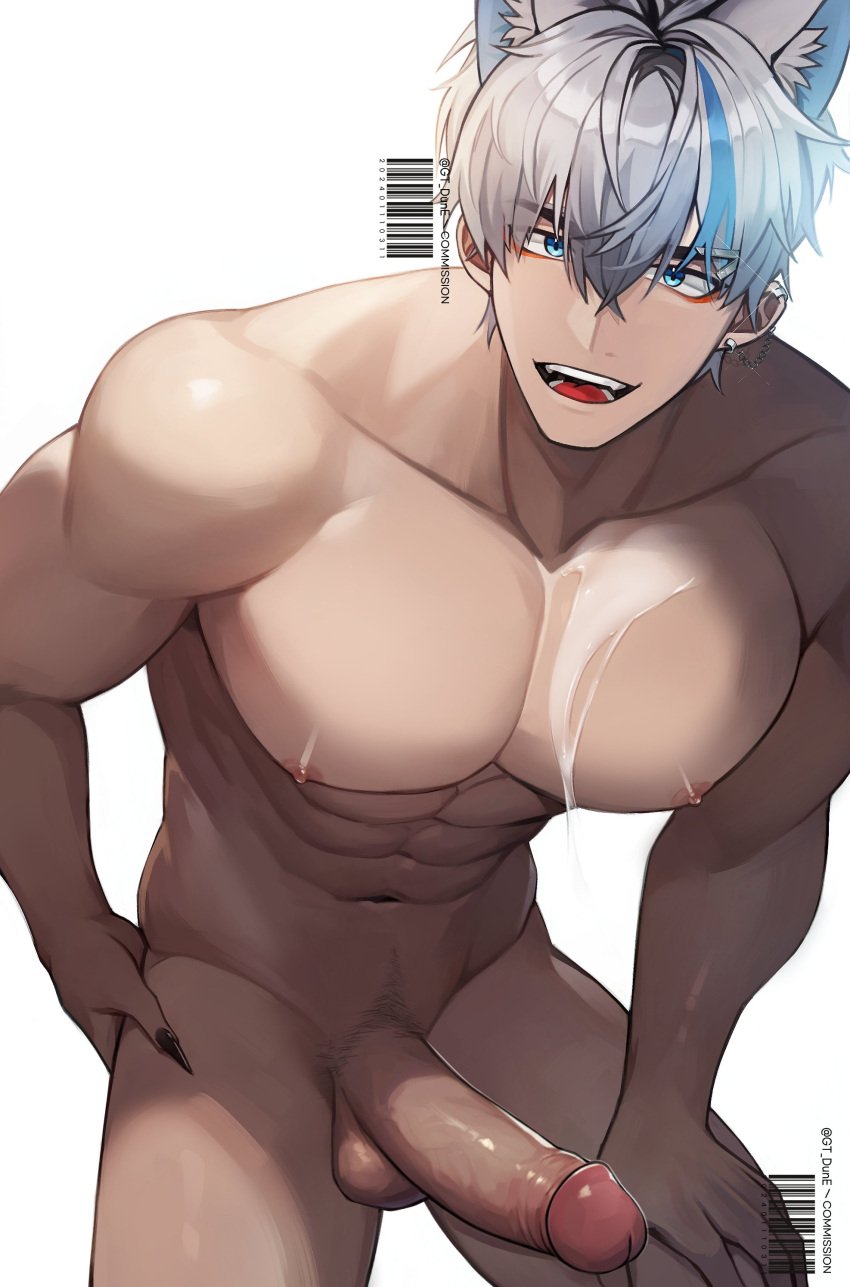 1boy abs absurdres animal_ear_fluff animal_ears bara barcode black_nails blue_eyes blue_hair completely_nude cum cum_on_body cum_on_male cum_on_pectorals earclip erection eyeshadow fingernails grey_hair gt_dune hair_between_eyes hair_ornament hairclip hand_on_own_hip hand_on_own_thigh highres large_pectorals large_penis leaning_forward long_fingernails looking_at_viewer makeup male_focus male_pubic_hair multicolored_hair muscular muscular_male navel nipples nude oerba_yun_fang open_mouth original pectorals penis pubic_hair red_eyeshadow short_hair simple_background smile solo streaked_hair teeth testicles thighs tongue twitter_username uncensored white_background