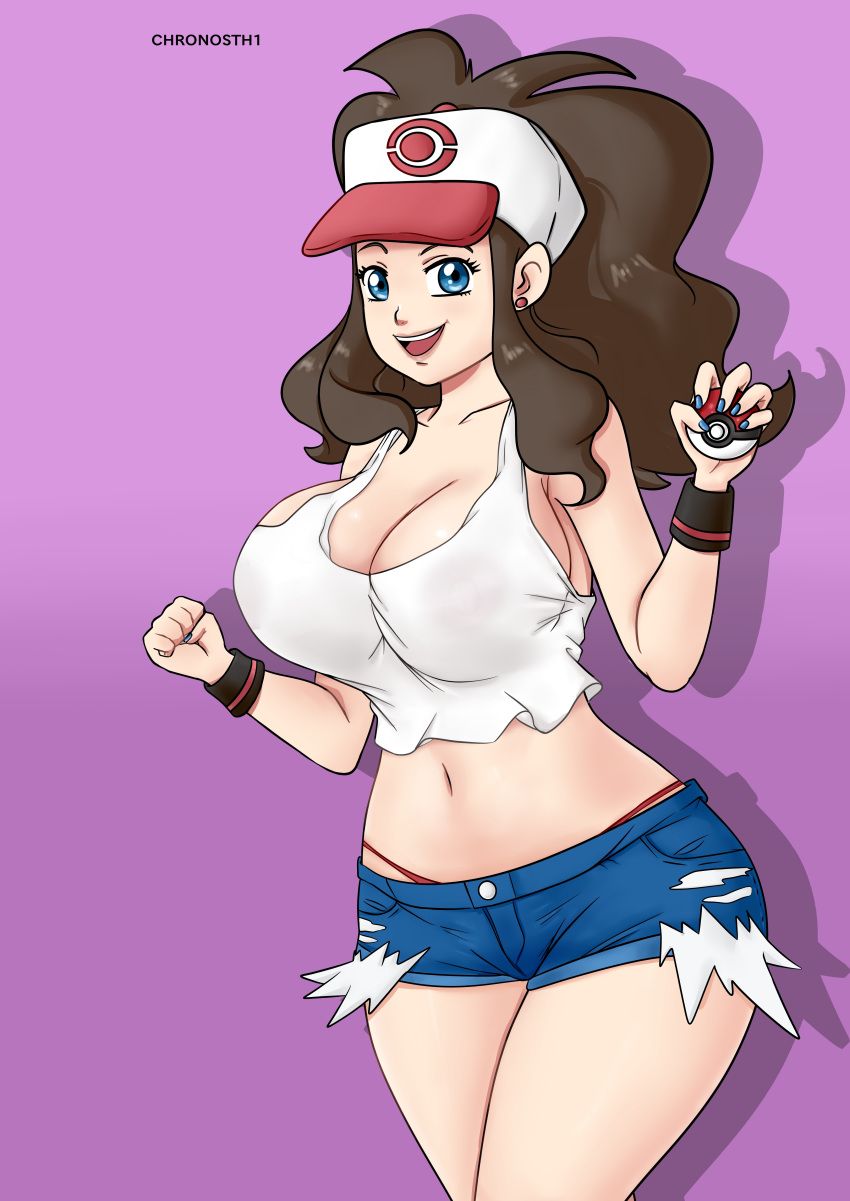 blue_eyes brown_hair deviantart fanbox_reward gummslime gumroad hilda_(pokemon) open_mouth panties_visible patreon pokemon pokemon_bw short_shorts shorts tagme tank_top thong