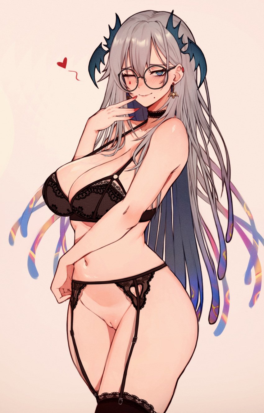 1girls :) bare_shoulders belly big_breasts black_bra black_legwear blue_eyes blush bra breasts choker cleavage female female_only garter_belt glasses grey_hair hairless_pussy hand_to_own_mouth hand_under_breasts heart highres indie_virtual_youtuber large_breasts legwear light-skinned_female long_hair looking_at_viewer mature_female mole mole_under_mouth nail_polish nails navel one_eye_closed pochimaru_(vtuber) pussy red_nails round_glasses shaved_pussy smile smug solo spoken_heart standing stockings stomach thick_thighs thighs uncensored vagina varniskarnis virtual_youtuber voluptuous waist wide_hips