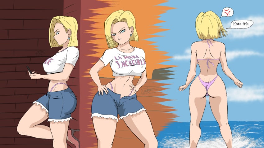 1girls android_18 blonde blonde_female blonde_hair blue_eyes cameltoe chuchozepa cleavage curvy dragon_ball erect_nipples female huge_areolae huge_ass huge_breasts puffy_nipples short_hair thick_lips voluptuous wide_hips yellow_hair