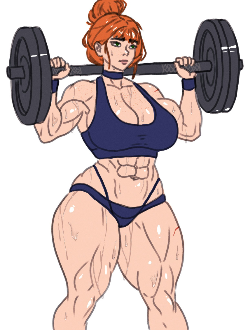 clothed green_eyes huge_breasts marci(simpbot2k) muscular_female red_hair simpbot2k sports_bra sweat weightlifting workout_clothes