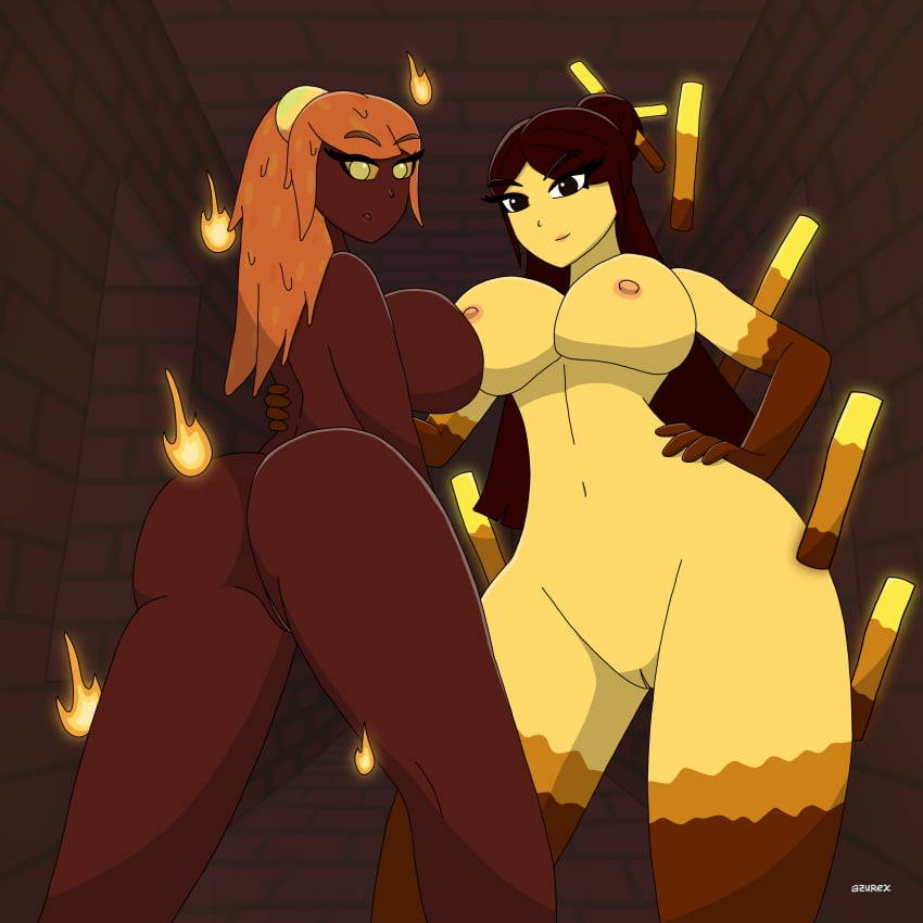 2girls azurexarts bedroom_eyes bikini blaze blaze_(minecraft) brown_eyes brown_hair female female_only magma_cube minecraft multiple_girls nether nude orange_eyes orange_hair red_body tagme thick_thighs yellow_body