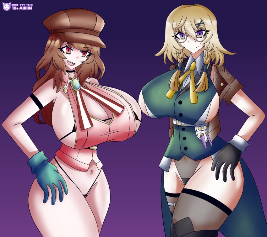 2023 2girls airiin220 belly_button big_breasts blonde_hair breasts brown_hair choker cleavage female_only genderswap_(mtf) glasses gloves hat kotonoha_project leotard long_hair looking_at_viewer maimai_(game) micro_bikini micro_thong multiple_girls nick_(kotonoha_project) nicklyn owl_(kotonoha_project) owlet pink_eyes purple_eyes rule_63 sega short_hair stockings thighs thong