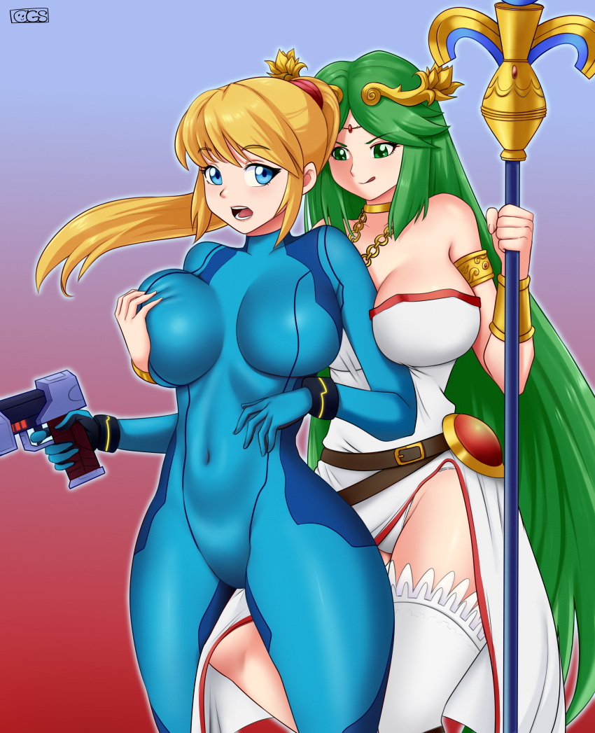 2girls absurd_res arm_between_breasts big_breasts blonde_hair blue_background blue_eyes bodysuit breast_grab breasts cleavage clothed clothing deviantart dress duo eyebrows eyebrows_visible_through_hair fanbox_reward female female/female female_only gradient_background green_eyes green_hair groping groping_breasts gummslime gumroad gun hi_res holding_object holding_weapon kid_icarus large_breasts laurel_crown laurel_wreath licking_lips light-skinned_female light_skin long_hair metroid multiple_girls nintendo open_mouth palutena patreon ponytail red_background samus_aran staff standing super_smash_bros. super_smash_bros._ultimate surprised thick_thighs tight_clothing very_long_hair weapon wide_hips yuri zero_suit zero_suit_samus